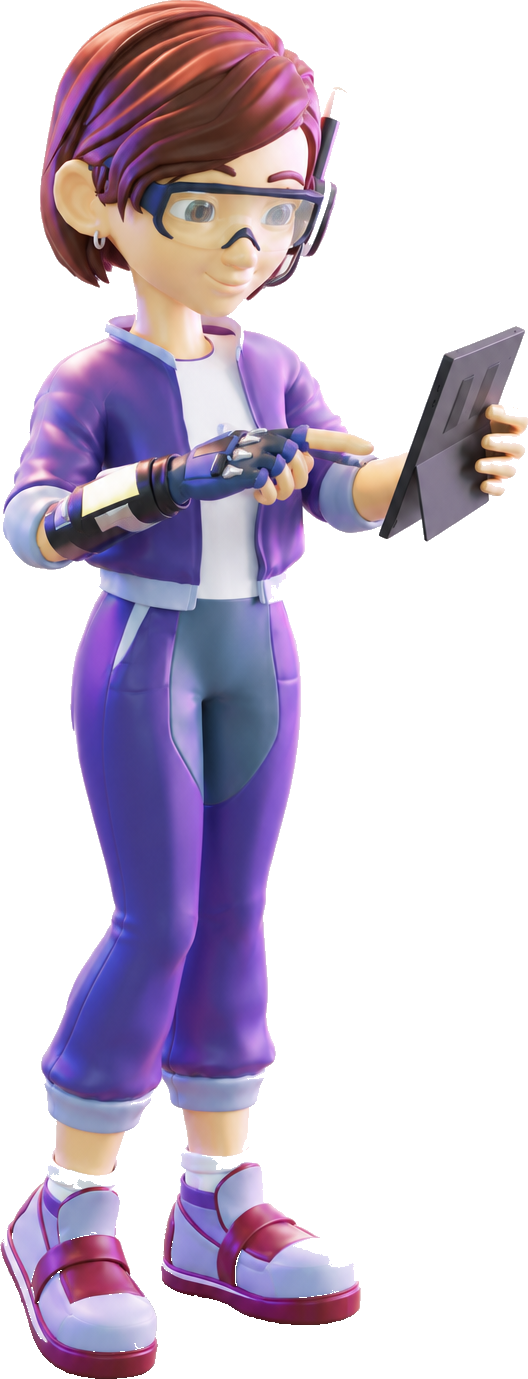 GMind learning companion character using a tablet